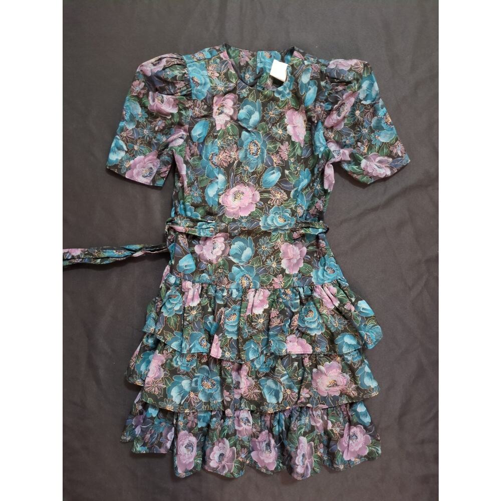 Vintage 1980s Drop Waist Ruffle Skirt Shoulder Pad Short Sleeve Dress